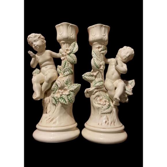 Holland Mold Other - 10.5” Holland Mold Vintage Pair of Victorian Ceramic Cherub Candle Holders
